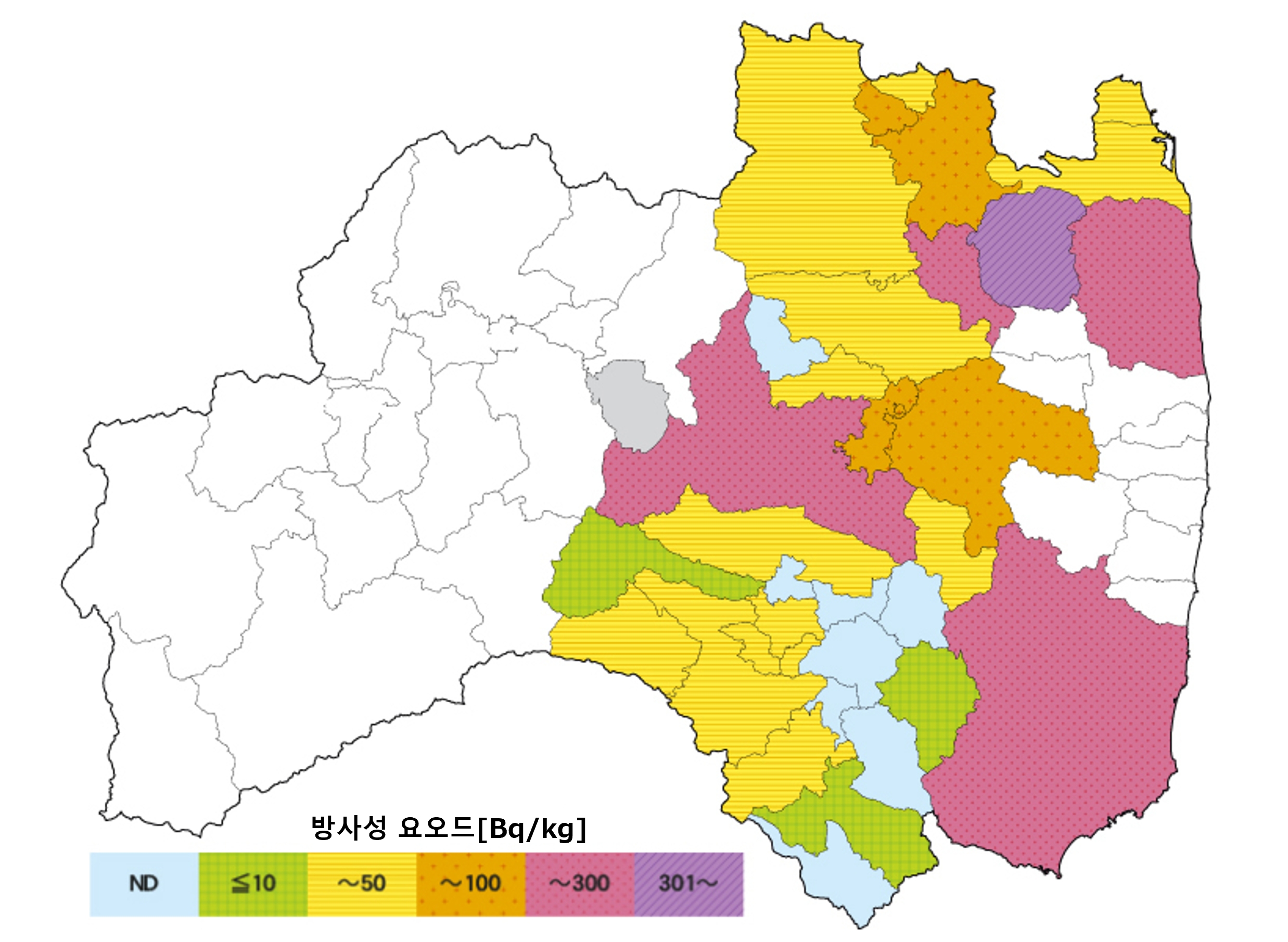 2011년 3월 21일 시점의 방사선 요오드 검출값.