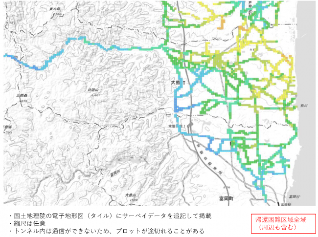 福島県内の帰還困難区域の走行サーベイ結果マップ（平成30年7月12日～7月18日）