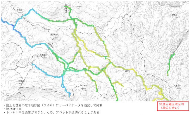 福島県内の帰還困難区域の走行サーベイ結果マップ（平成30年7月12日～7月18日）