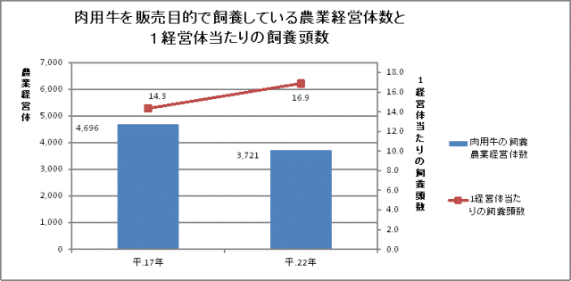 表　肉用牛を販売目的で飼養している農業経営体数と1経営体当たりの飼育頭数