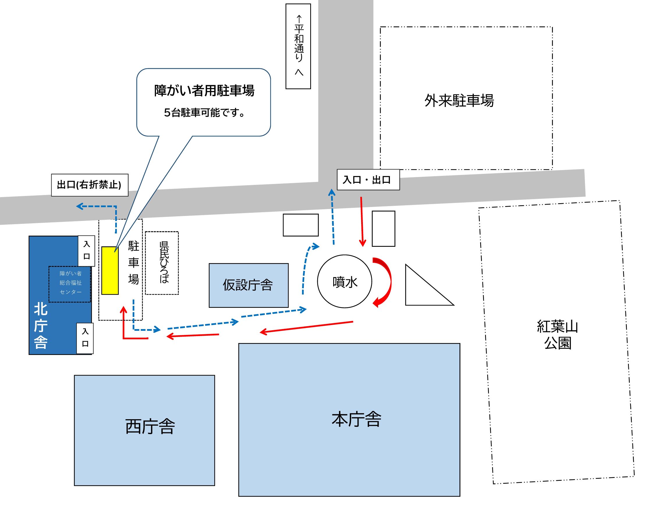 県庁内の障がい者用駐車場への入り方案内の図です。