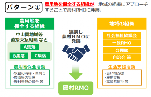 パターン１　農用地を保全する組織が、地域の組織にアプローチすることで農村RMOに発展。