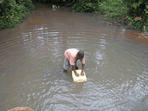 白く濁ったため池から水を汲む子ども