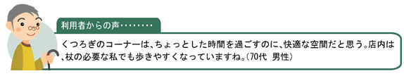 利用者からの声・・・くつろぎのコーナーは、ちょっとした時間を過ごすのに、快適な空間だと思う。店内は、杖の必要な私でも歩きやすくなっていますね。（70代 男性）